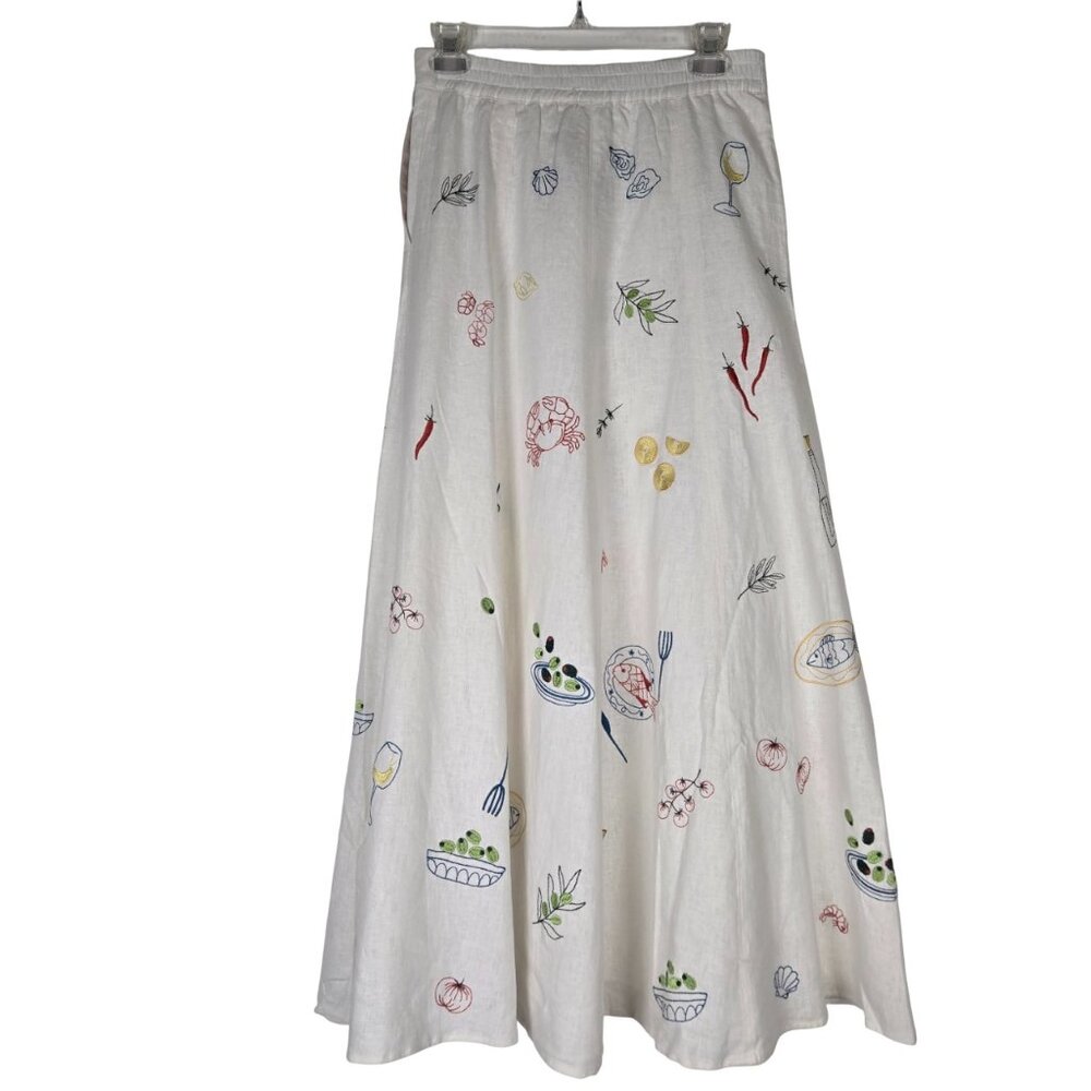 Caroline Constas Embroidered Off White Linen Blend Skirt 4 Maxi Length NEW - Picture 3 of 12